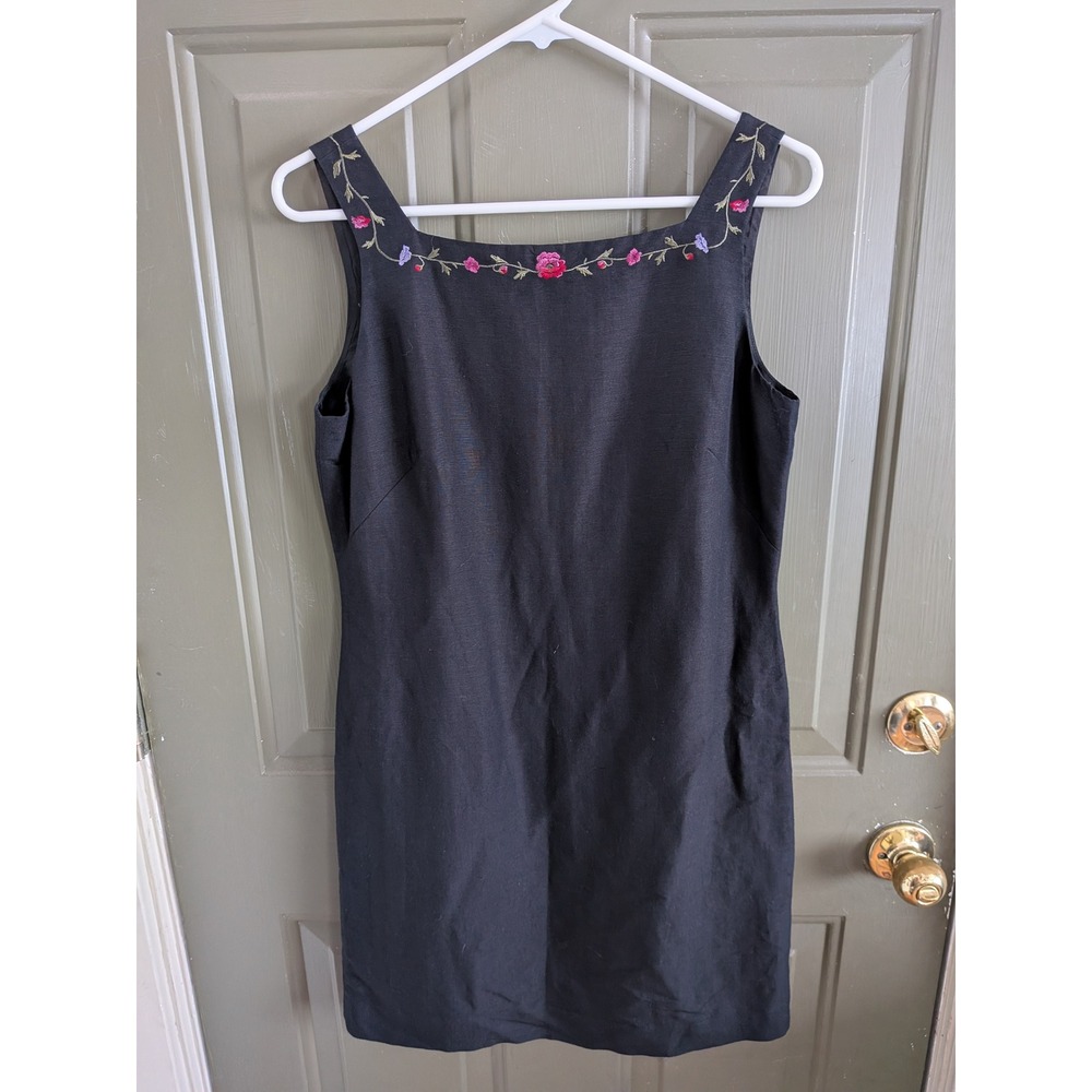 Vintage 90s Casual Corner Linen Blend Floral Embroidered Shift Dress Black 8P